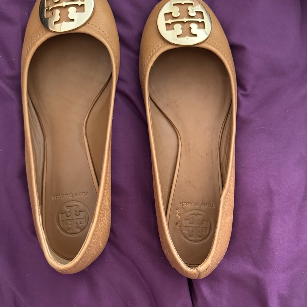 Tory Burch Tan Leather Flats with Gold Medallion